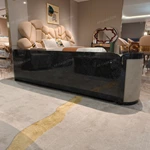 Luxury TV Stand with Dark Natural Wood Veneer Marble Top Embossed Side Panels and Stainless Steel Handles